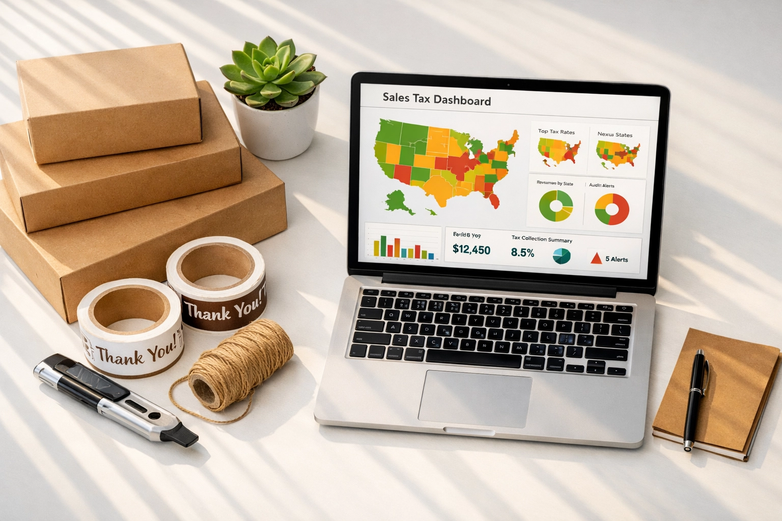 Sales tax dashboard and organized shipping supplies for online sellers