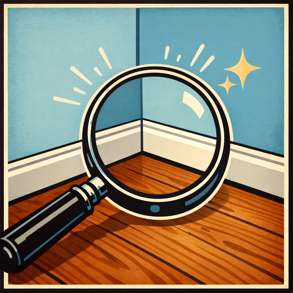 Magnifying glass showing a dry, crack-free baseboard and wall after interior moisture sealing.