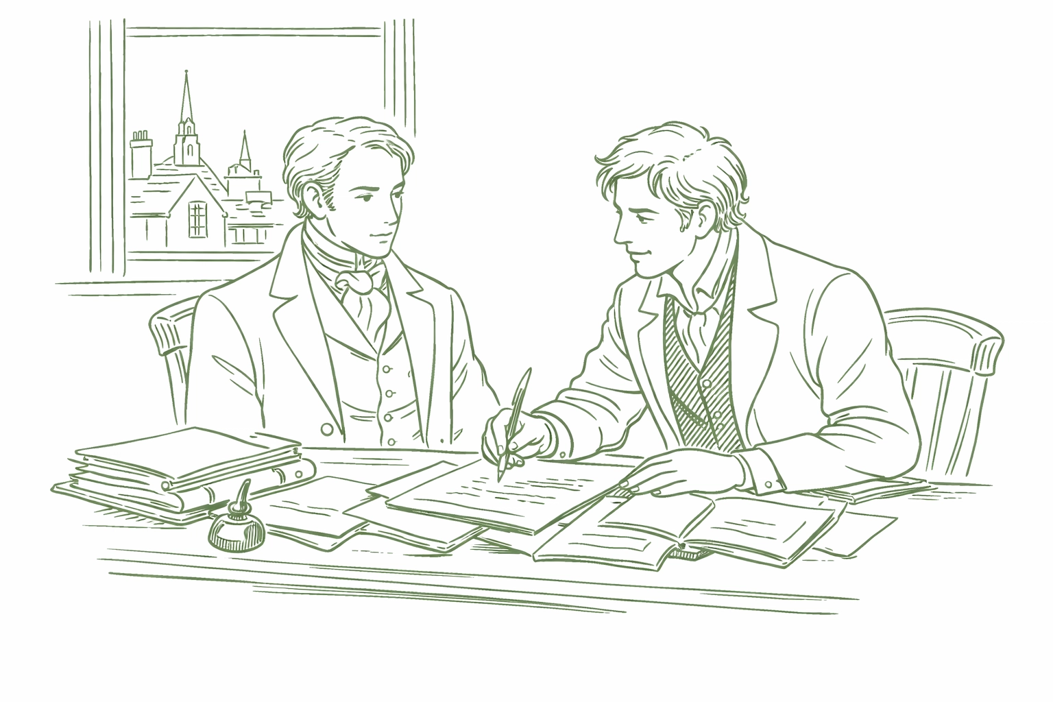 Two Victorian gentlemen review marriage contract and financial documents at mahogany desk