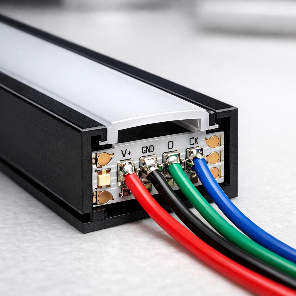 Close-up of custom LED tape light inside a black aluminum channel with precision wire connections.