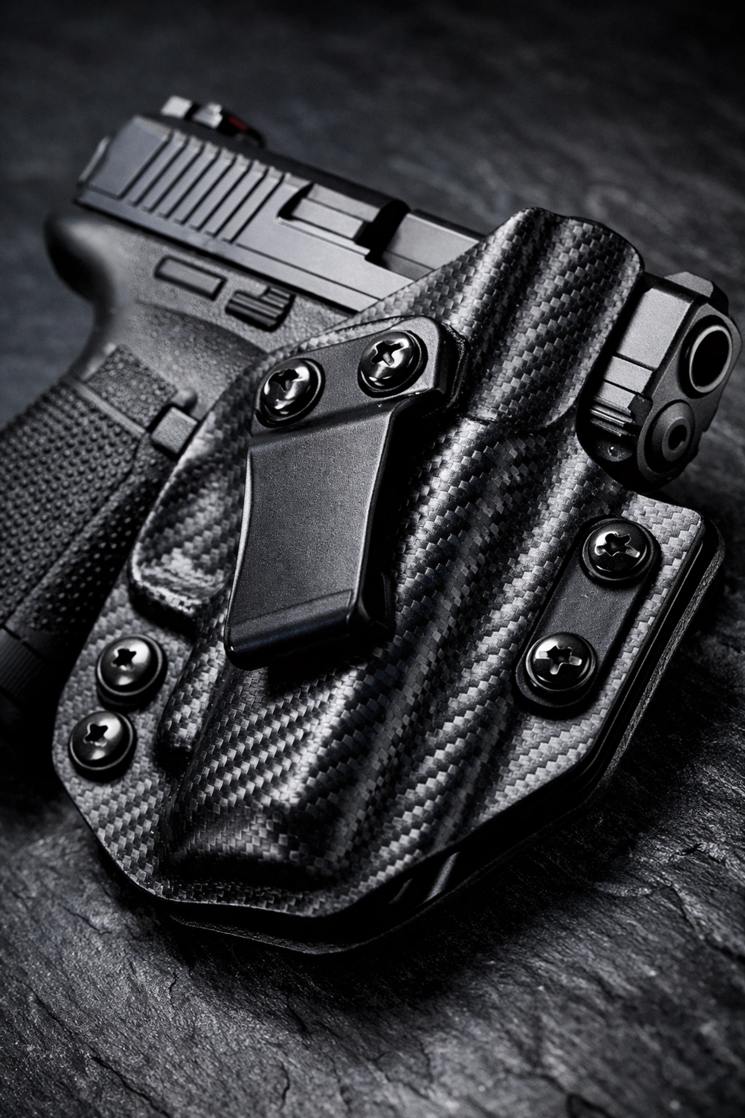 Premium tactical pistol secured in a black carbon fiber Kydex IWB holster