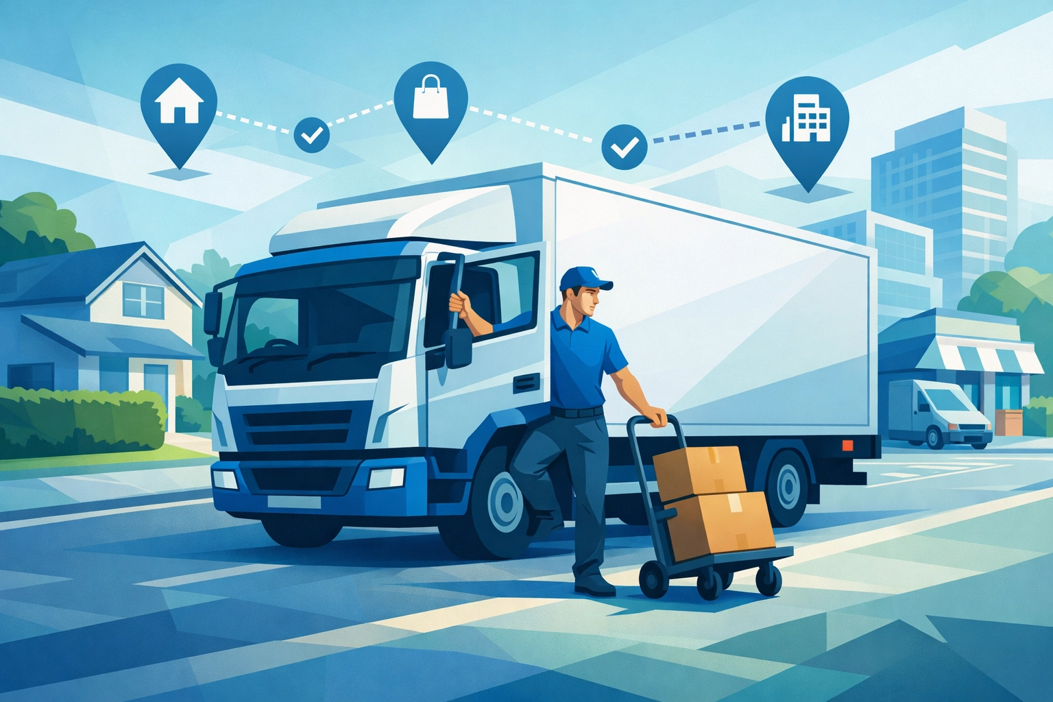 HGV driver making multi-drop deliveries on local route with hand truck