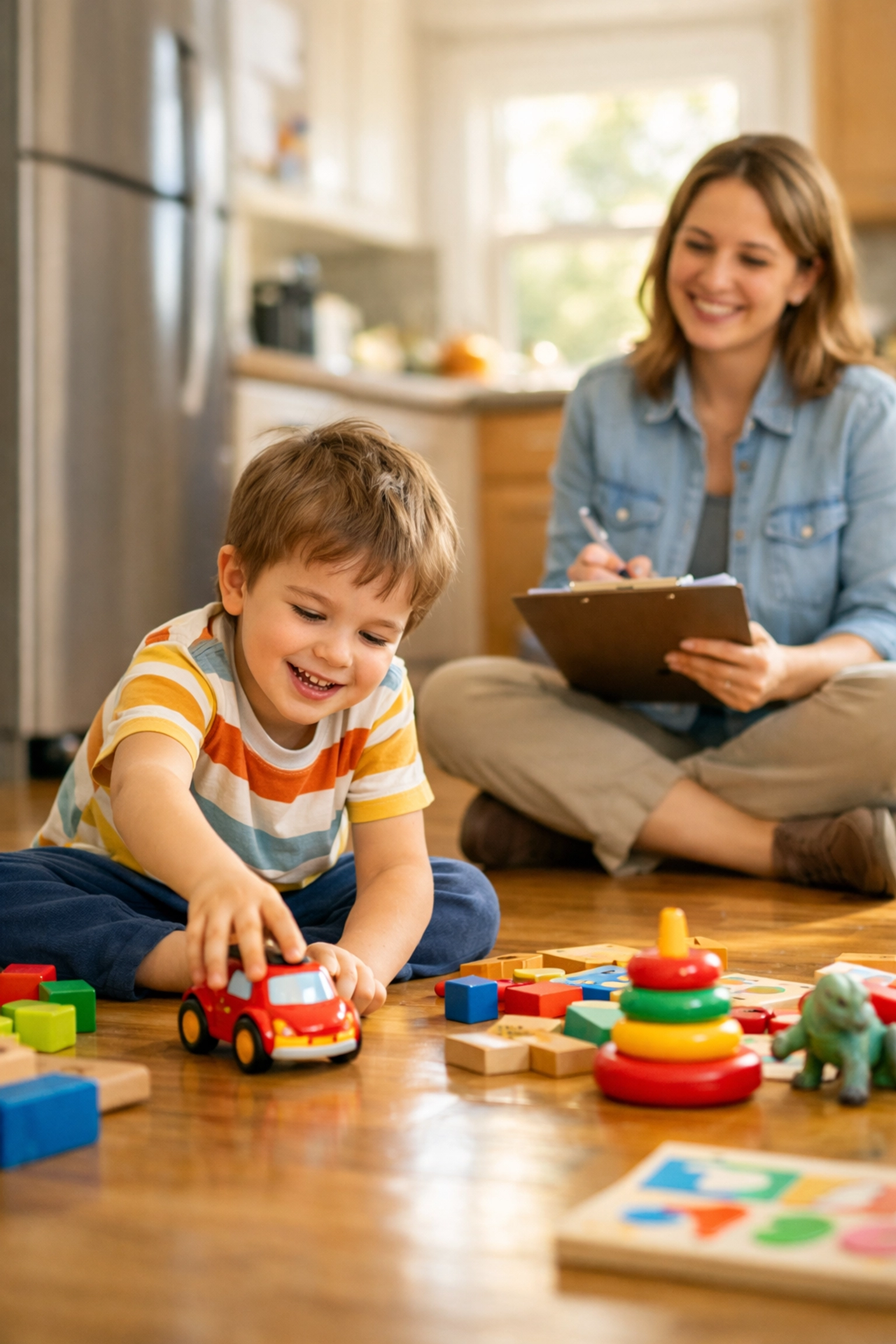 Child receiving naturalistic ABA therapy at home in Fayette County kitchen with therapist observing play