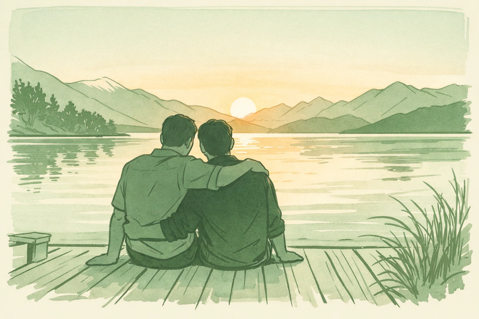 Two men embracing at sunset overlooking New Zealand lake - MM romance scene