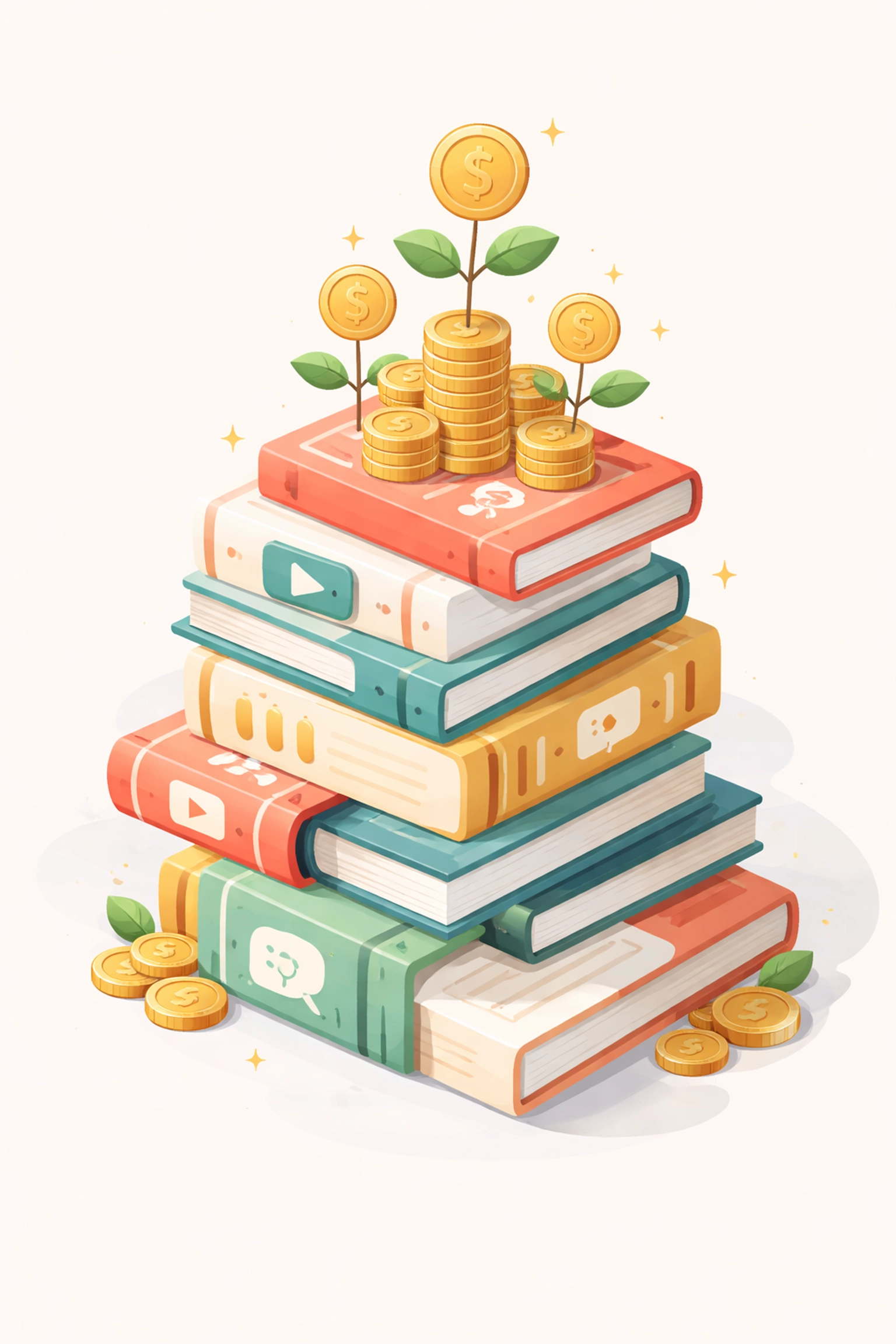 Stack of colorful eBook covers with coins growing upward, representing scalable passive income from selling more eBooks