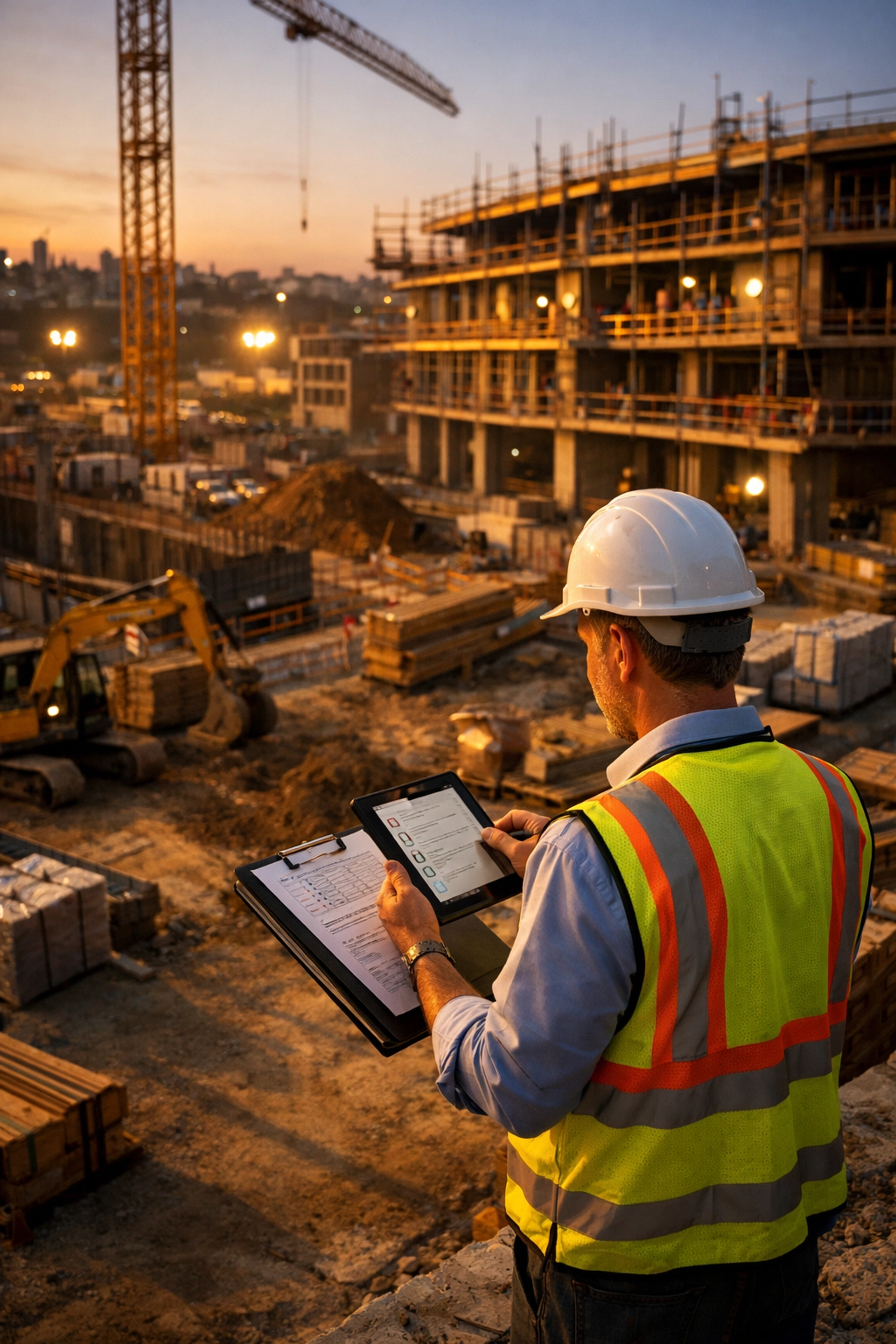 Construction site manager conducting security risk assessment with tablet and clipboard at dusk