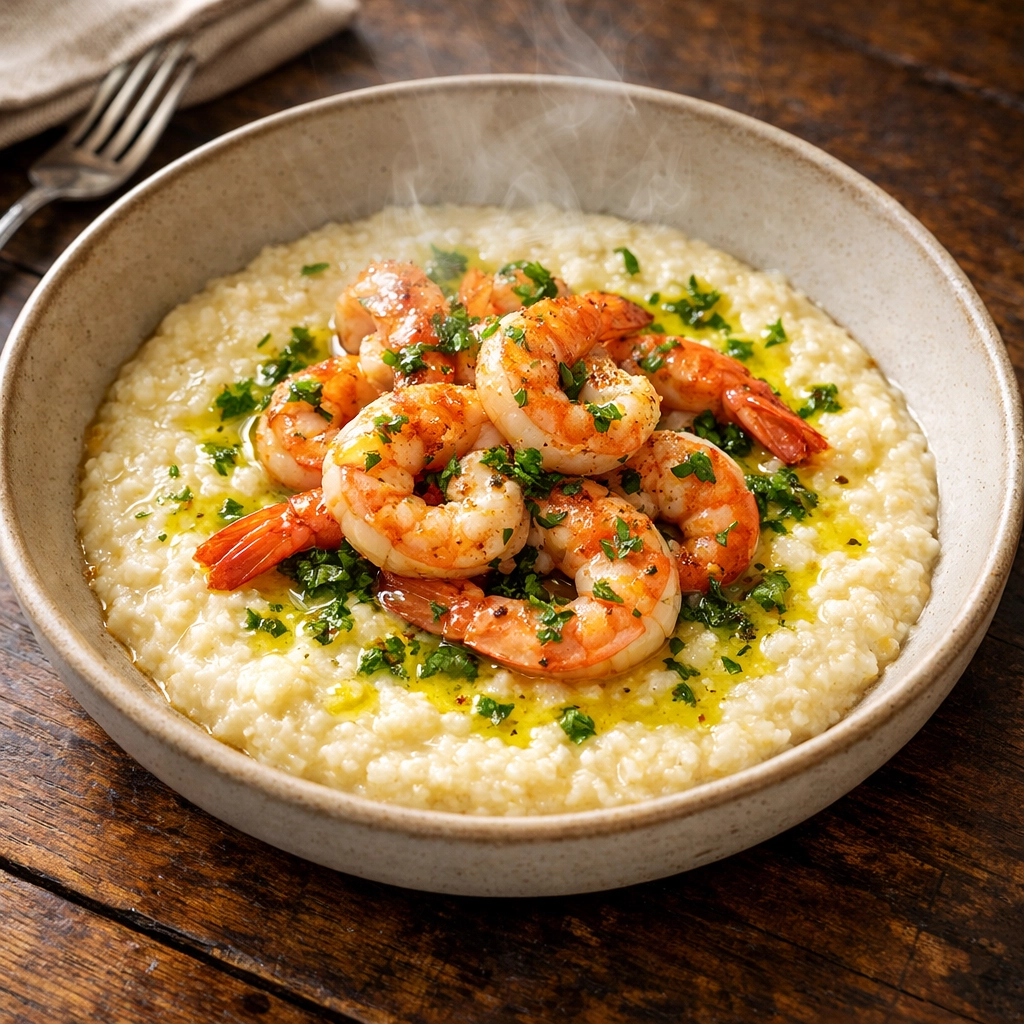 Plated heirloom grits with Pacific Northwest spot prawns and lemon-herb reduction on a dark wood table.
