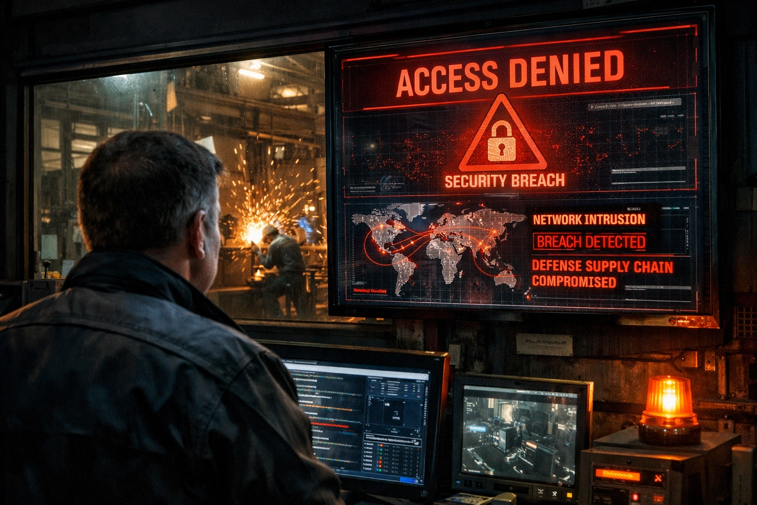 CT manufacturing manager viewing a cyber breach alert, highlighting the need for cyber insurance coverage.