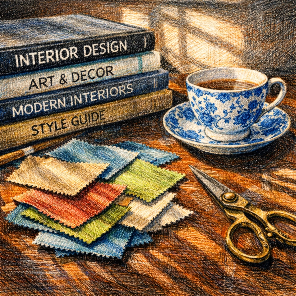Designer desk with interior design books, fabric swatches, and tools for boutique hotel interior design