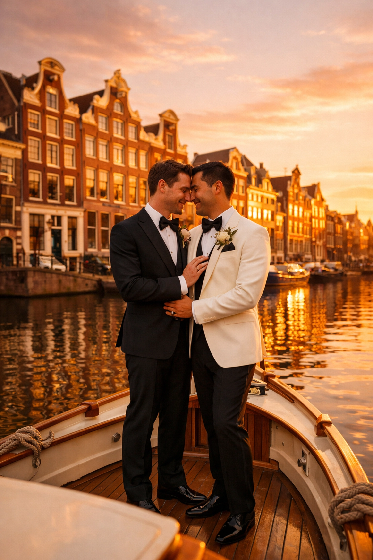 Two grooms celebrating their gay wedding on Amsterdam canal boat with historic Dutch buildings