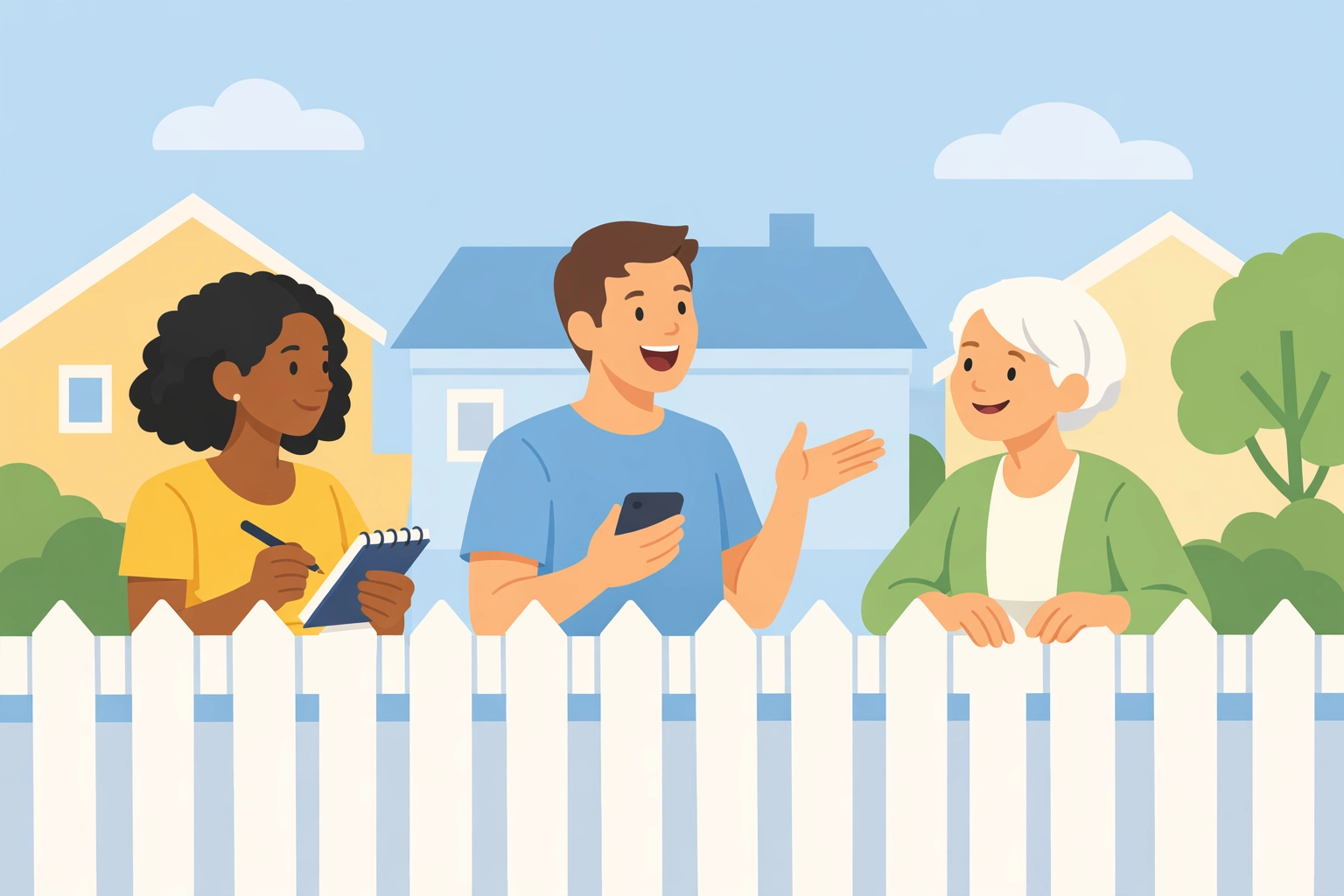 Neighbors discussing handyman recommendations over fence in Vancouver neighborhood