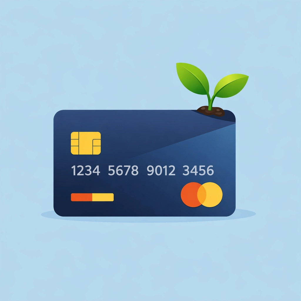 Tarjeta de crédito con un brote verde simbolizando el crecimiento de un nuevo historial crediticio positivo.