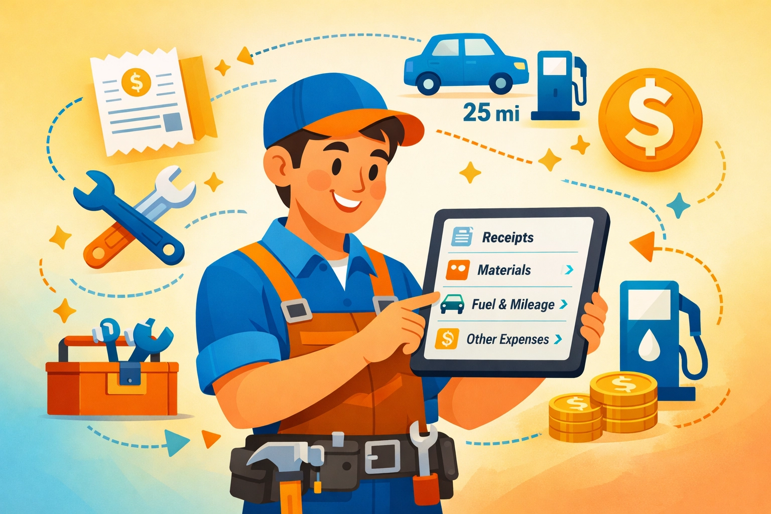 Trade business owner using mobile expense tracking software with receipt and mileage management