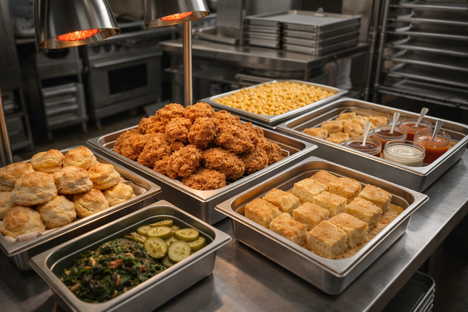 Southern comfort food catering platters with fried chicken and traditional sides set up on stainless steel tables in a professional kitchen