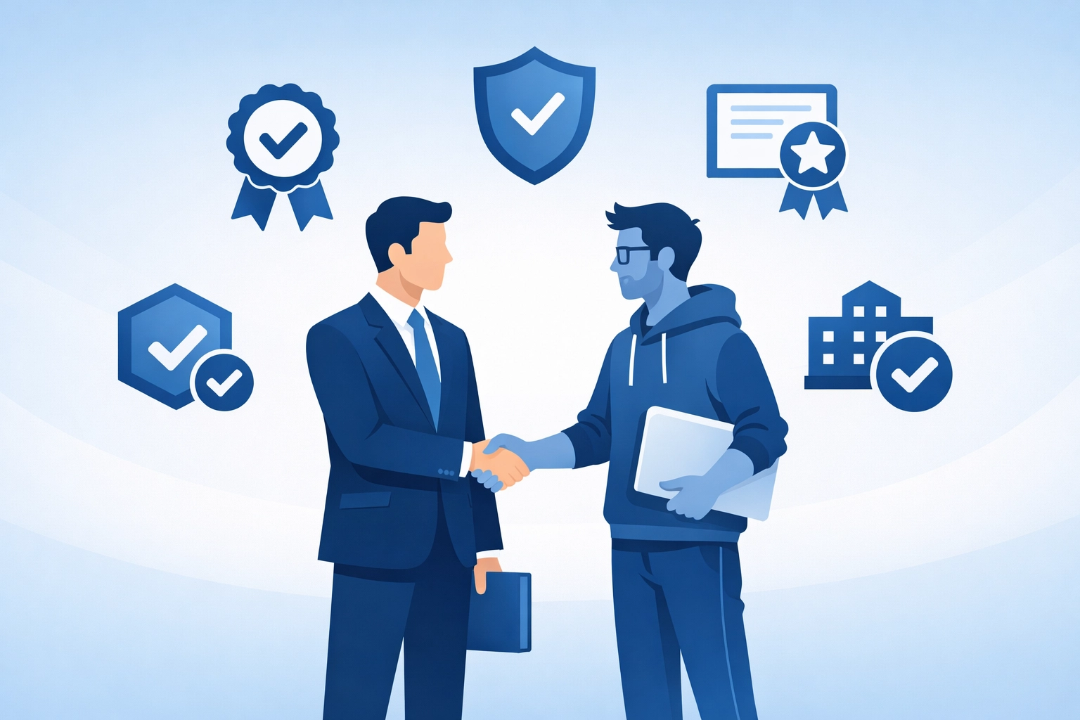 Business professional partnering with IT specialist showing certification credentials