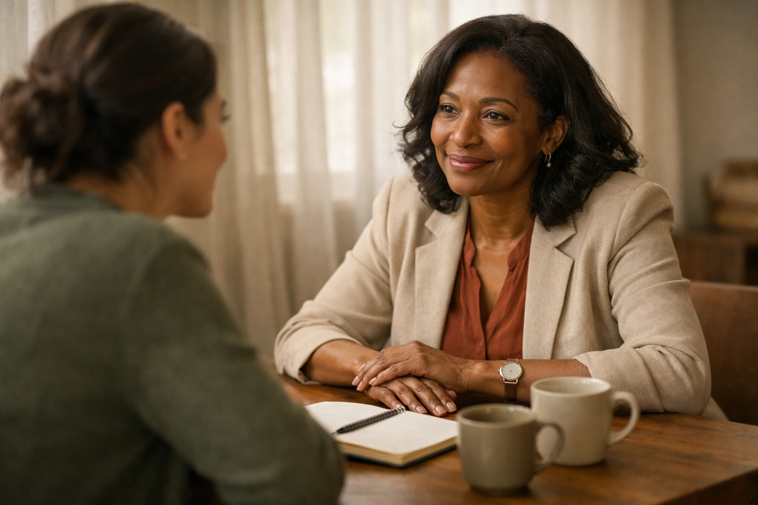 Leader conducting trust-based one-on-one supervision meeting with team member in office