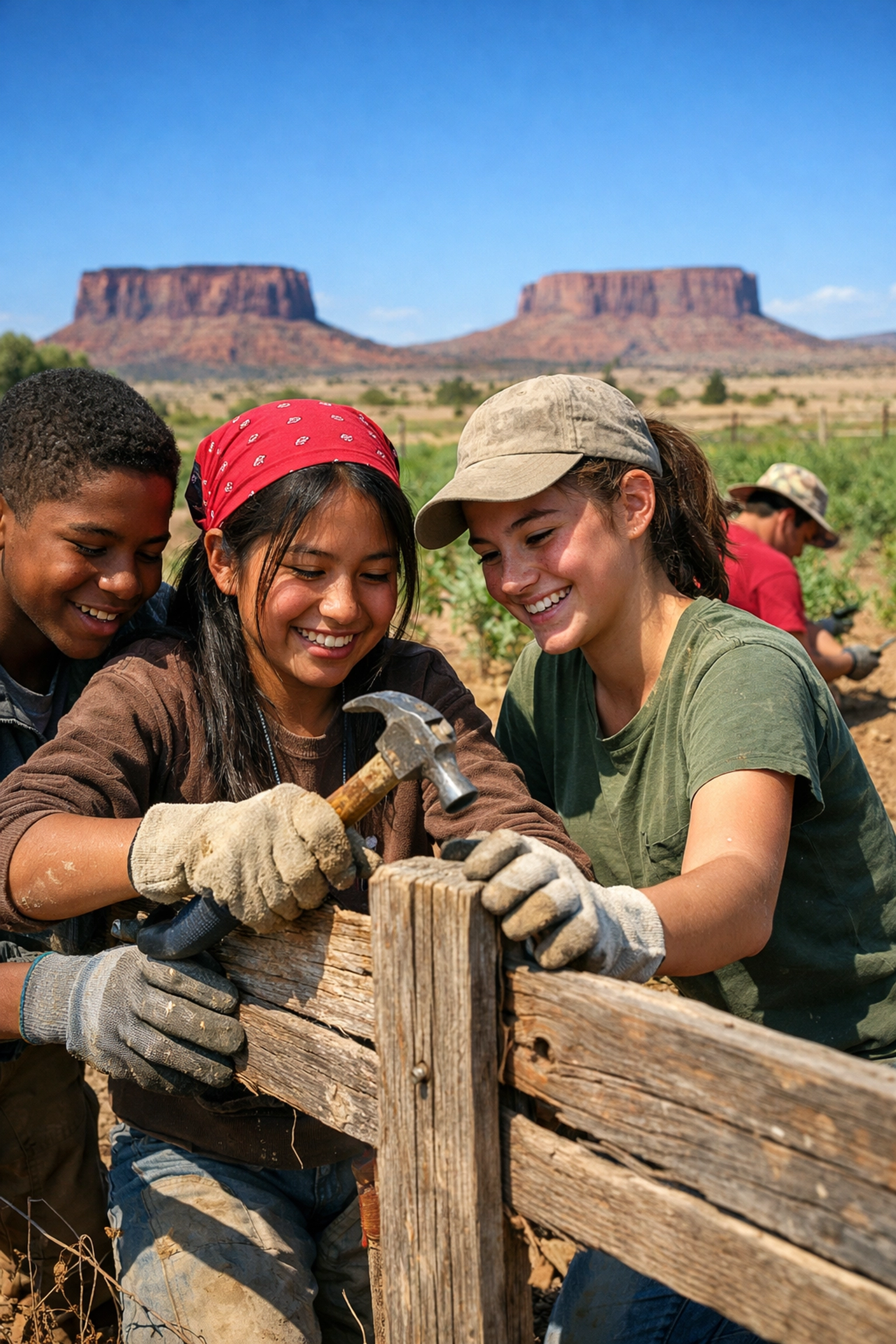 Students collaborating on a community service project on the Navajo Reservation under blue skies.