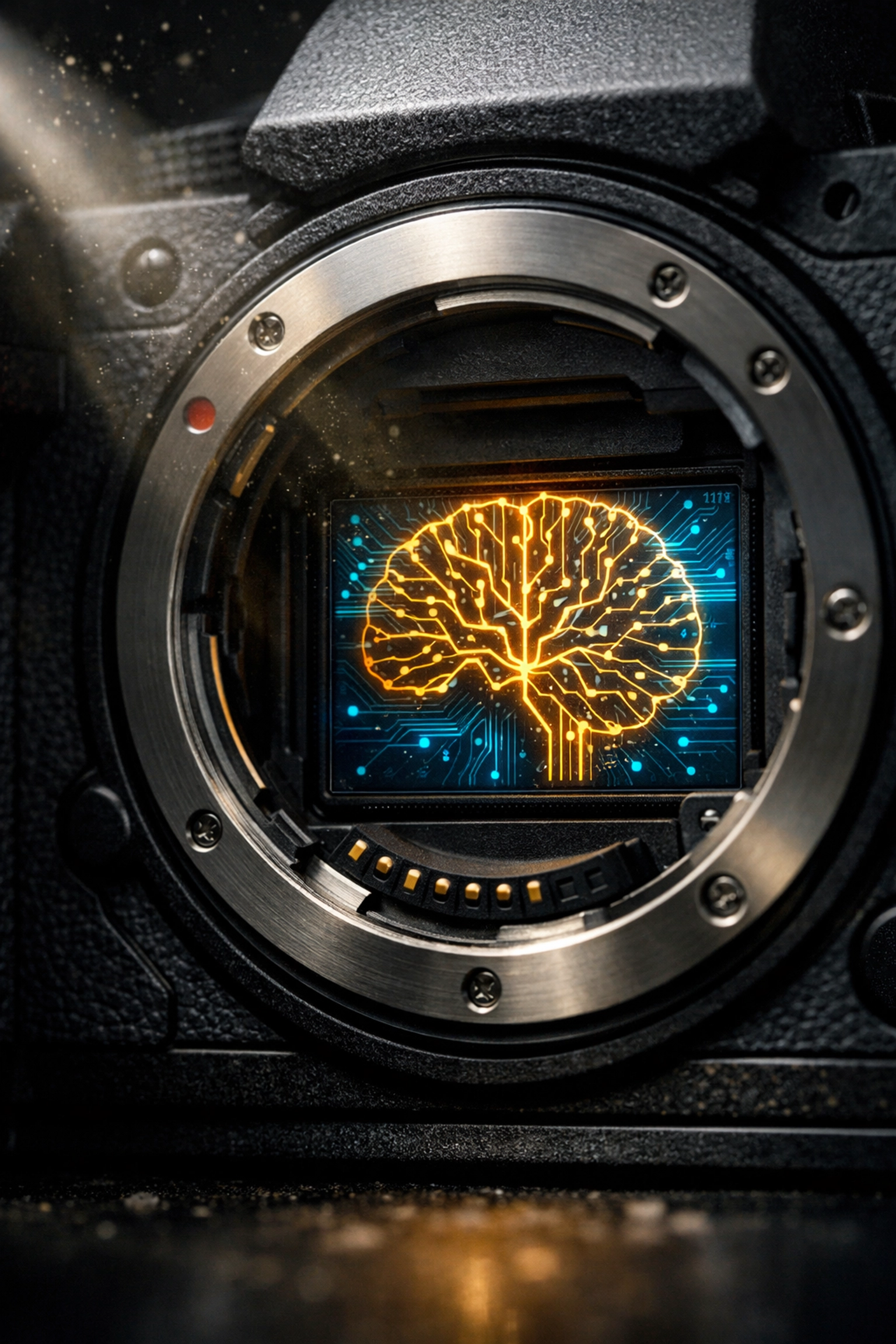 Macro view of the internal AI processor inside modern AI-integrated mirrorless cameras.
