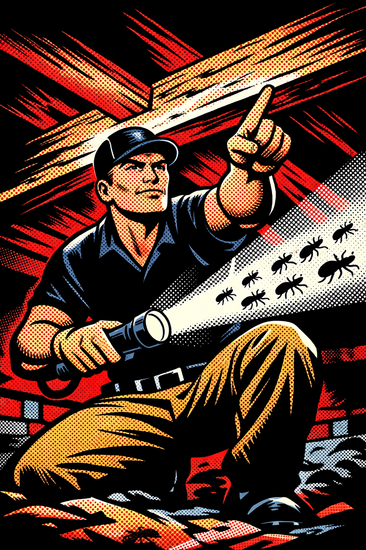 Professional termite inspection in crawlspace with flashlight in Walker County