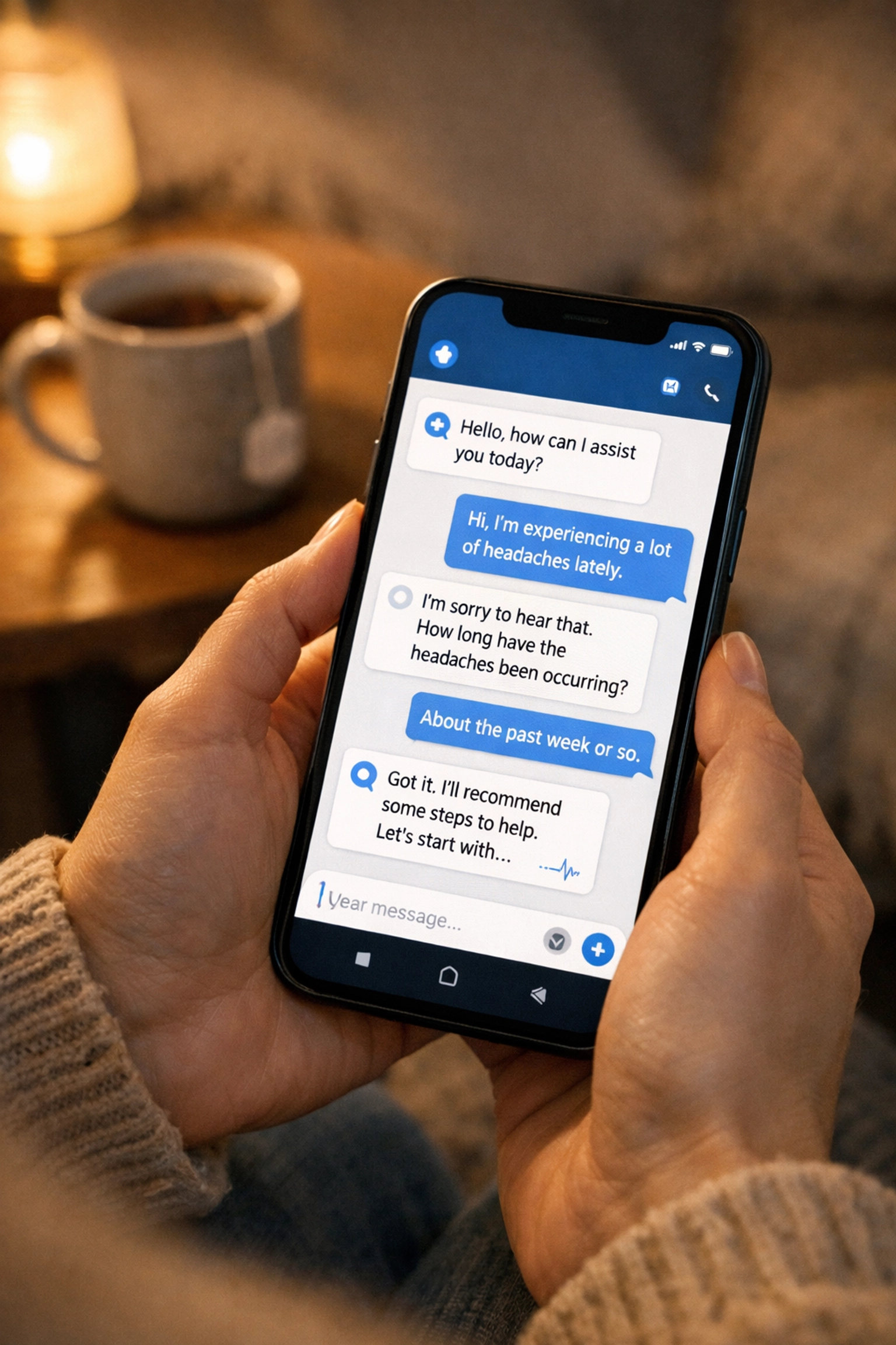 Person using secure text-based chat for fast online UTI treatment and prescriptions at home.