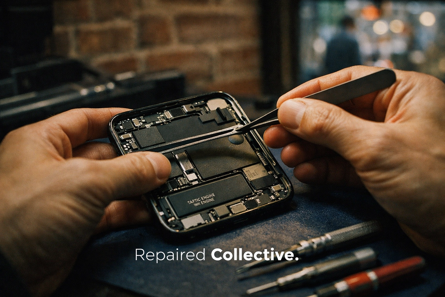 Technician applying a waterproof adhesive seal during a professional iPhone screen repair in Brooklyn.