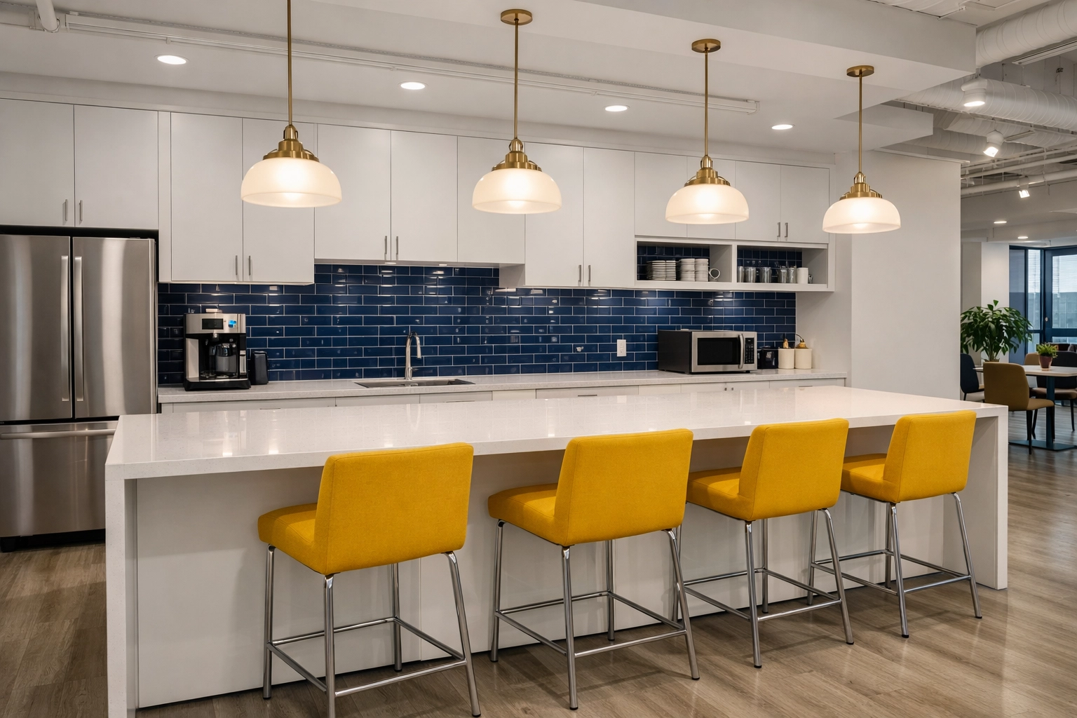 Spotless modern office breakroom in Bolton, MA with clean countertops and organized seating.