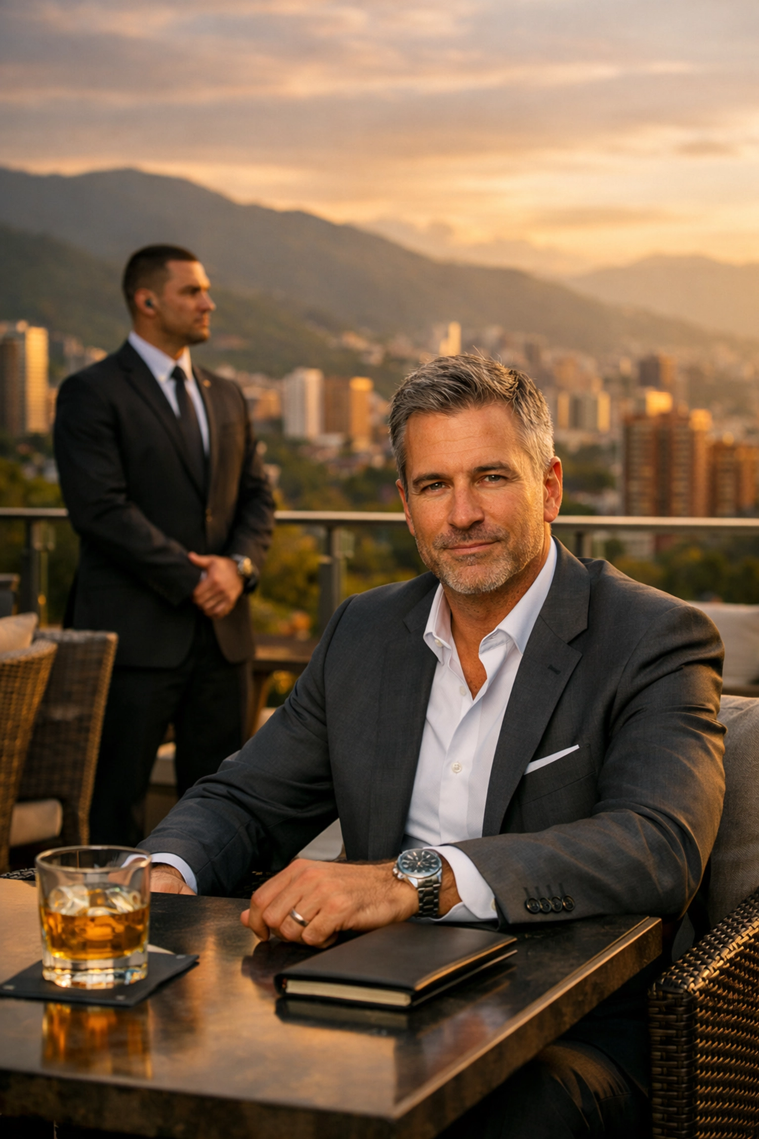 Business executive on El Poblado rooftop terrace with professional VIP protection in Medellin.