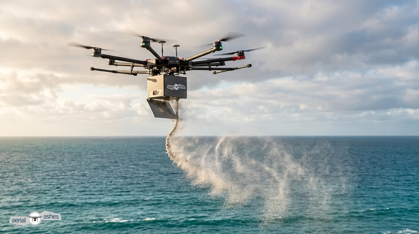 Professional drone dispersing ashes over the Cornish coast