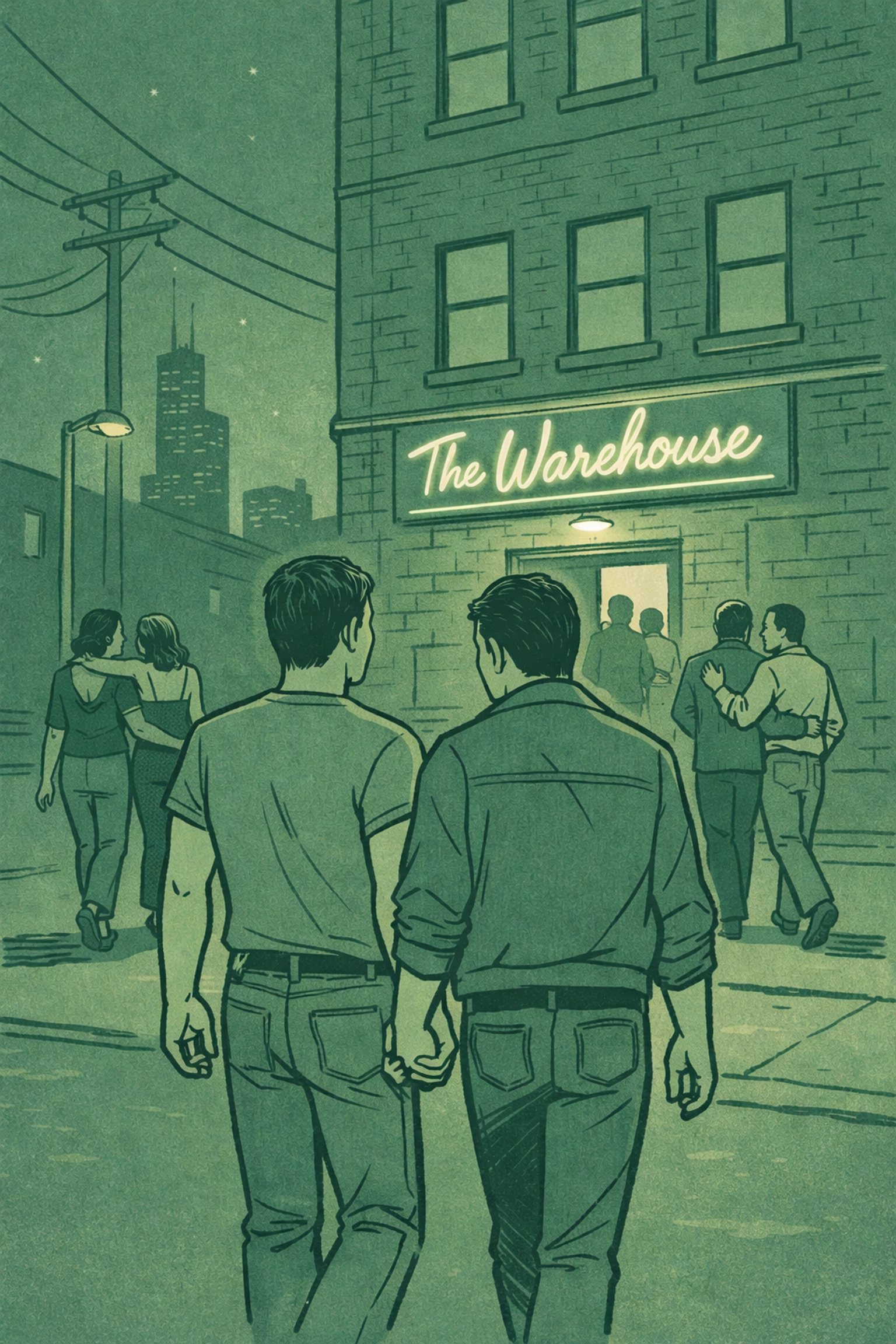 Gay couple entering The Warehouse nightclub Chicago queer safe space 1970s