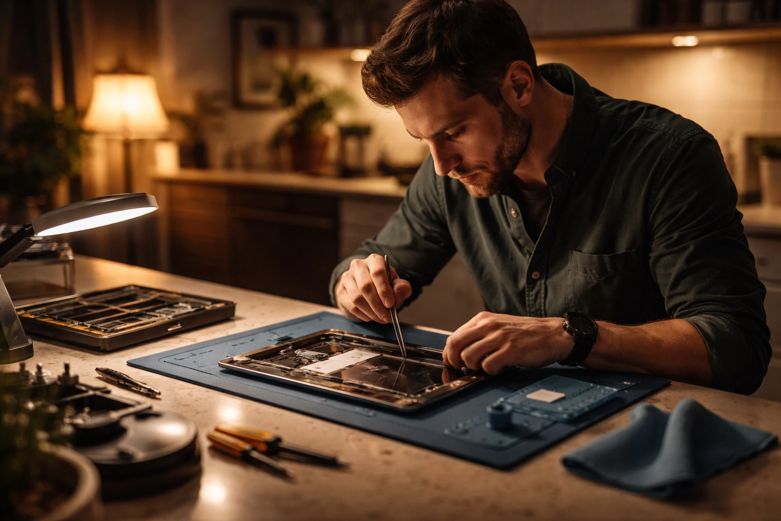 Premium iPad repair tools laid out on a tidy Brooklyn apartment counter, ready for a screen replacement.