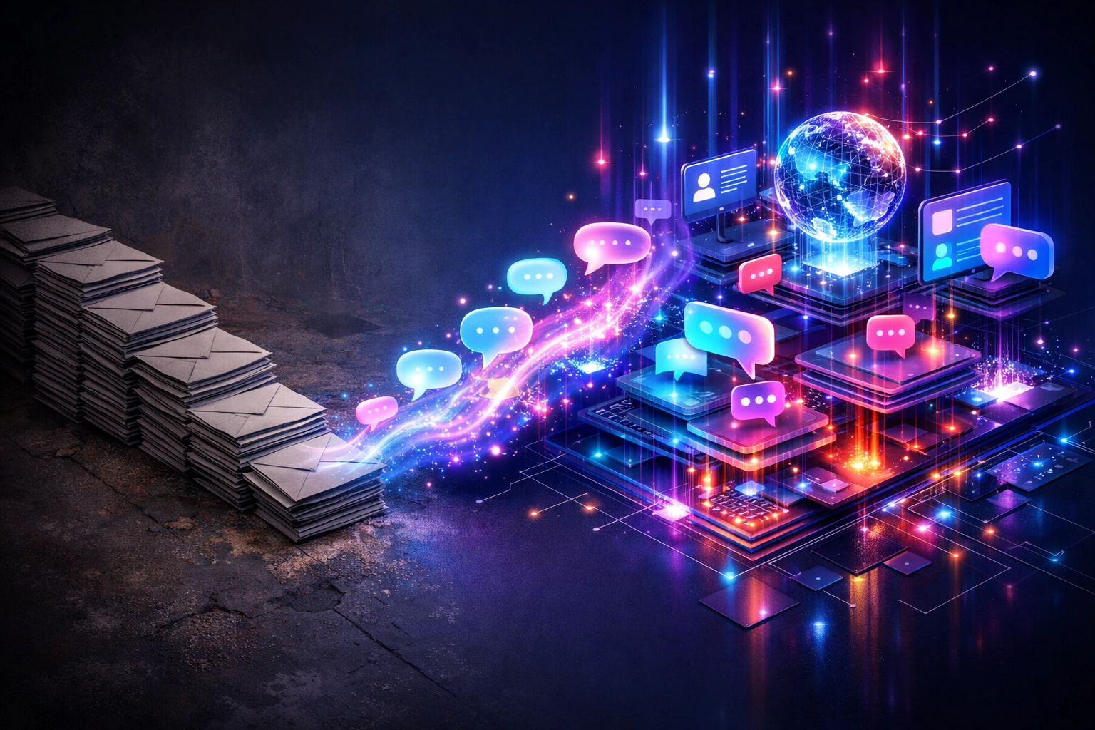 Digital envelopes transforming into a conversational AI network for dynamic email marketing automation tools.