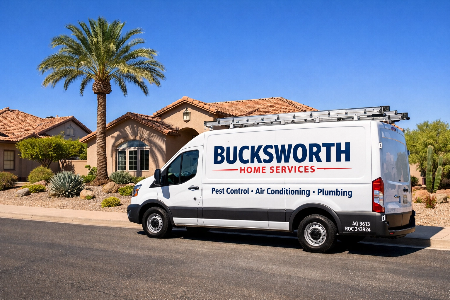 Bucksworth Home Services truck parked in a Tempe neighborhood ready for rapid plumbing and AC service.