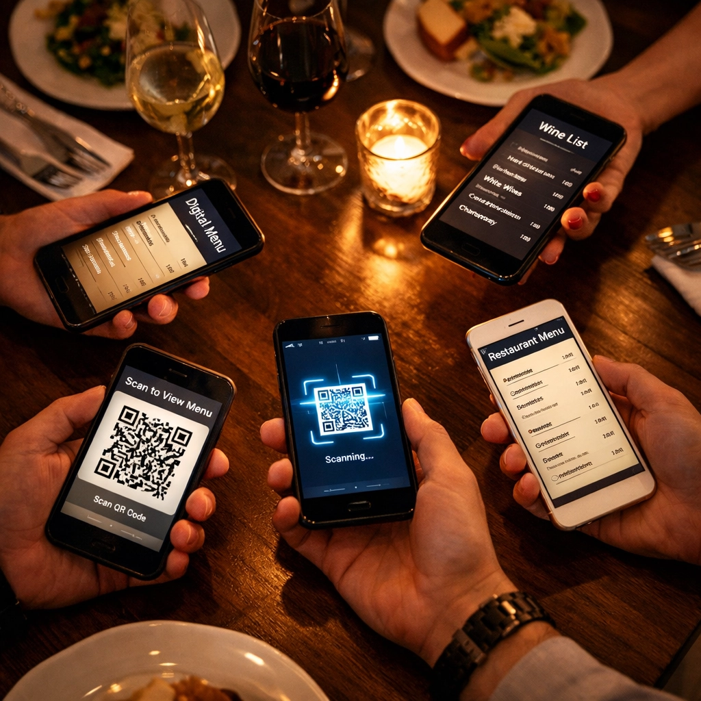 Multiple diners using mobile phones to order from digital restaurant menus during dinner service