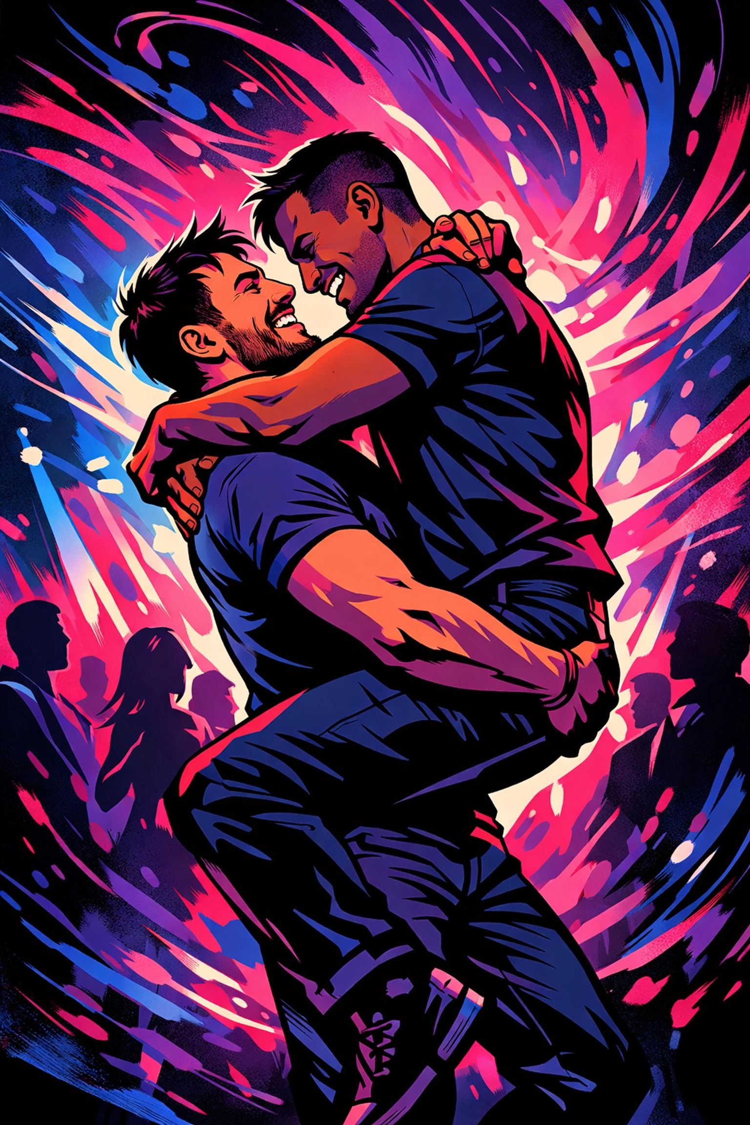 Two men dancing joyfully at party celebrating LGBTQ+ love and connection
