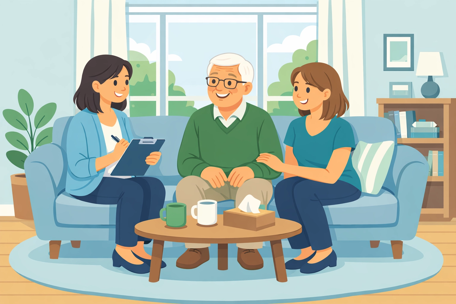 Family consultation with home care coordinator discussing personal care services in Dallas