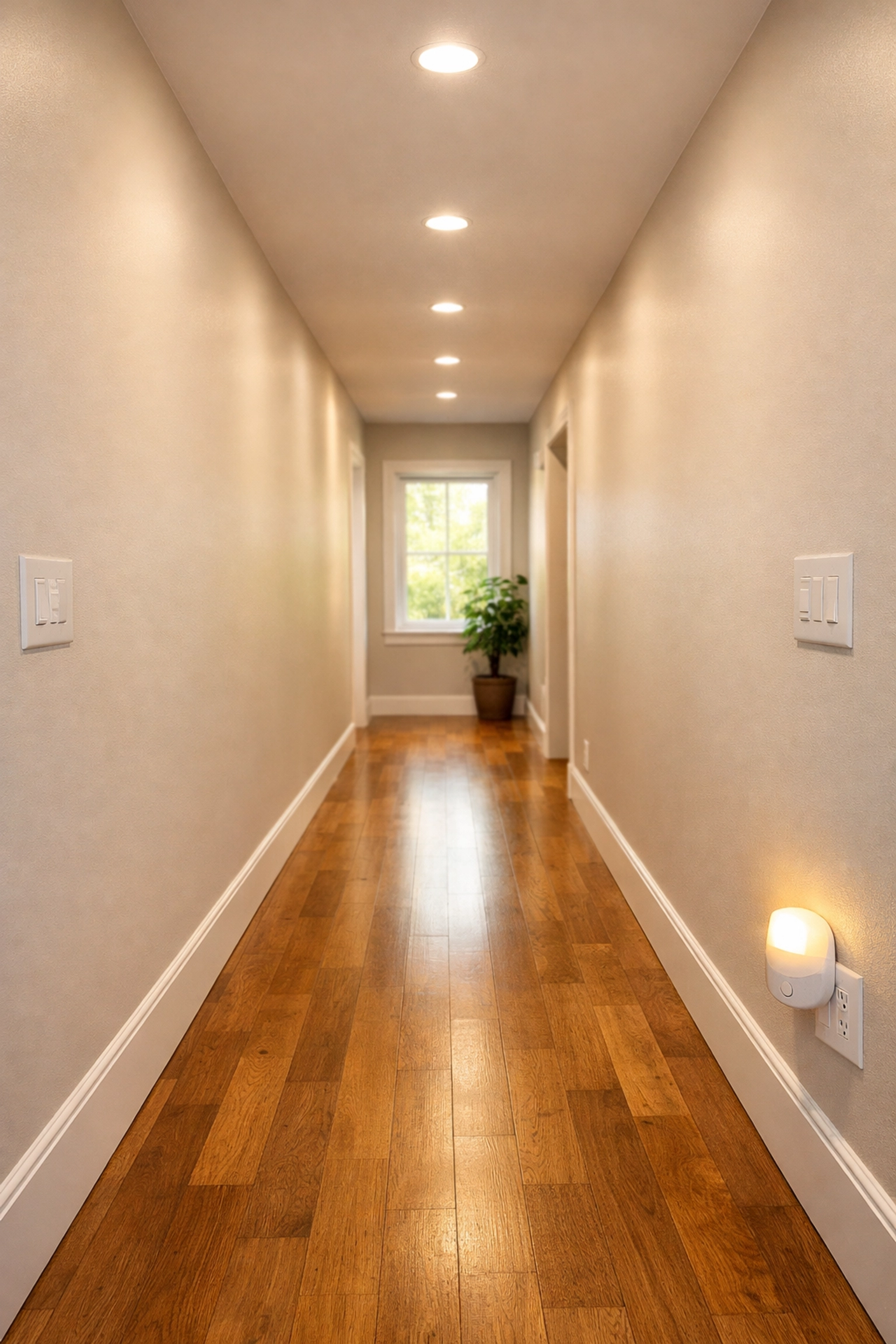 Well-lit home hallway with motion-sensor lights and switches for fall prevention