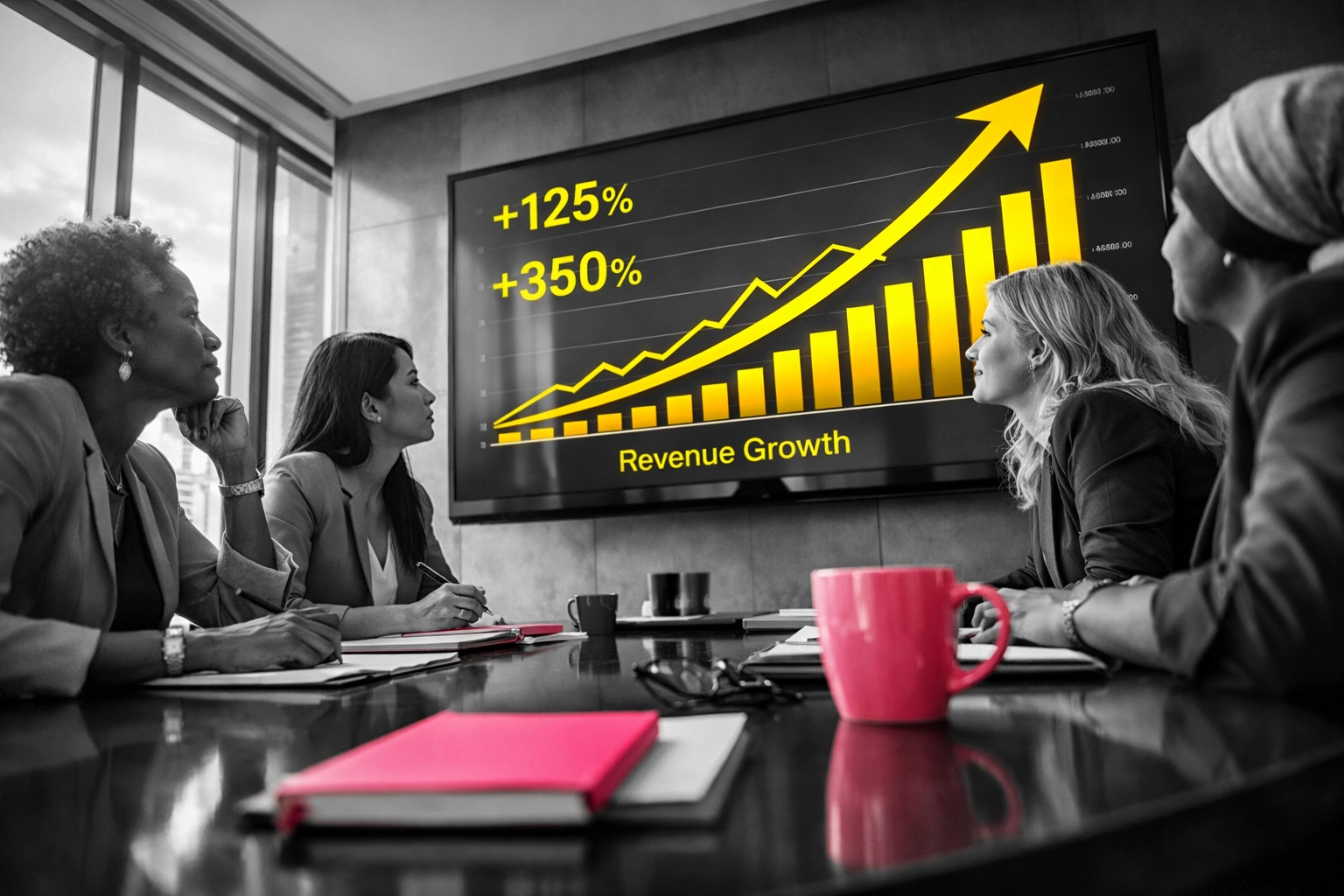 Female entrepreneurs reviewing financial growth charts in boardroom meeting with investors