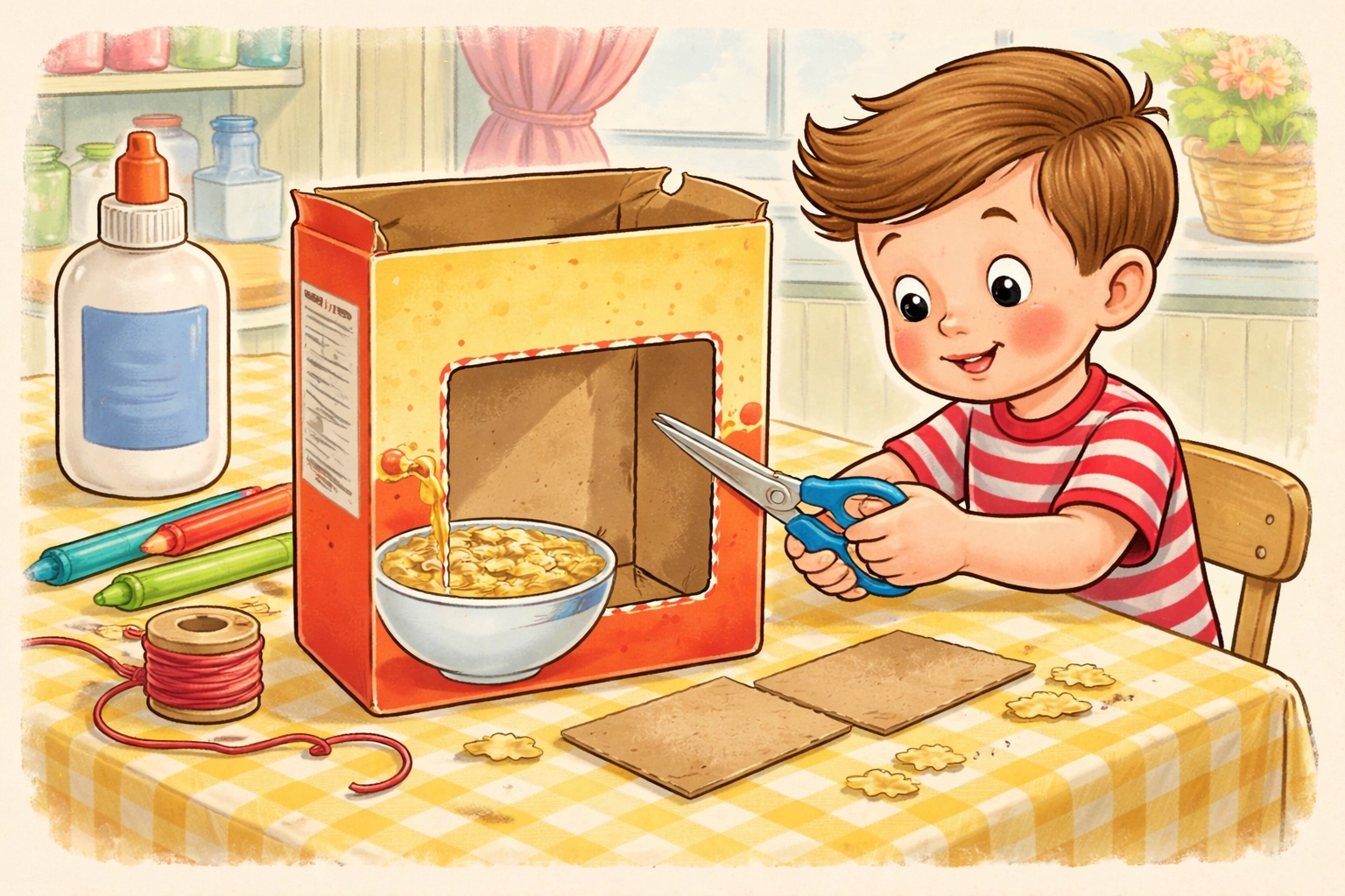Child cutting a cereal box to create a DIY aquarium craft at a kitchen table, step-by-step guide for kids