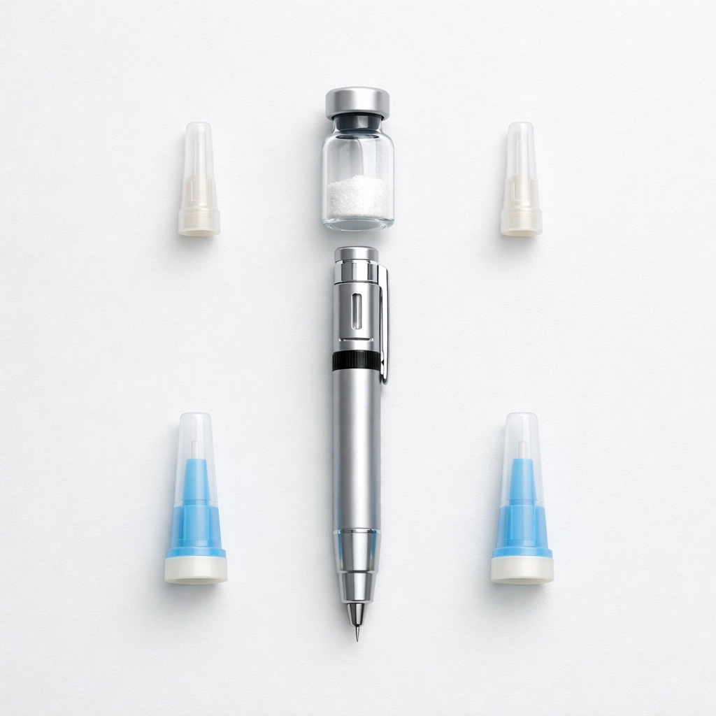 A complete peptide pen research kit featuring a metallic pen and sterile laboratory supplies.