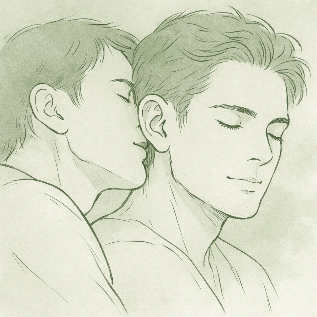 Gay couple in profile showing sensory intimacy with ear kiss and tender connection