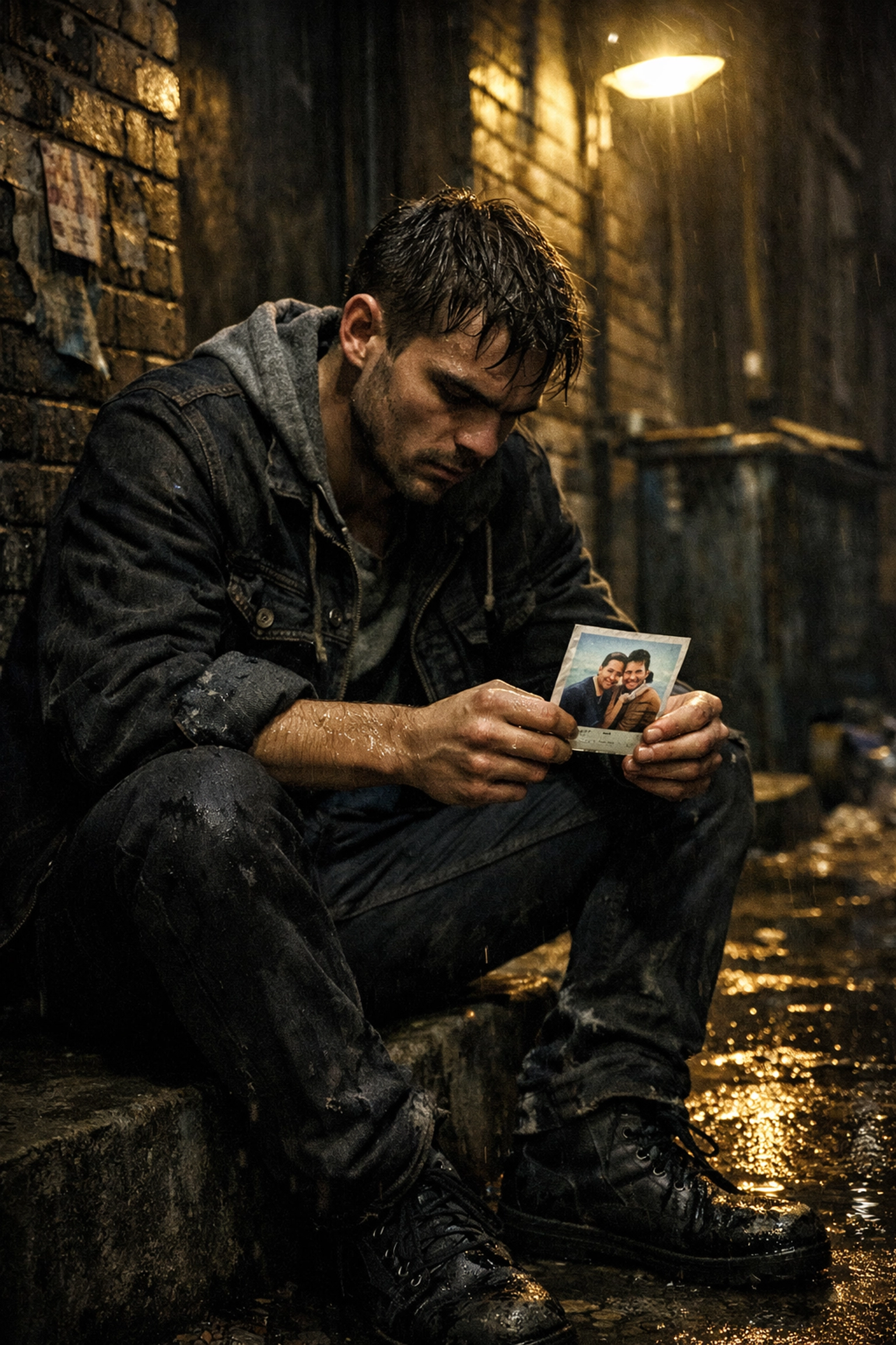 A grieving gay man holding a photo in a city alley, reflecting gritty themes in realistic gay fiction.