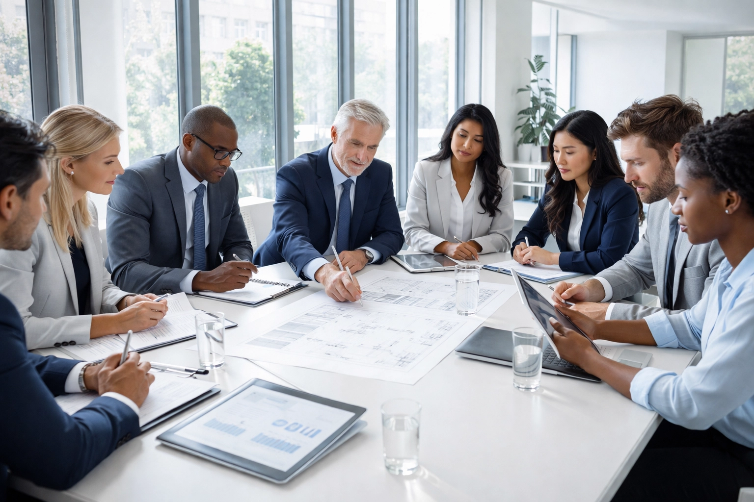 Executive team in strategic planning session discussing operational resilience framework