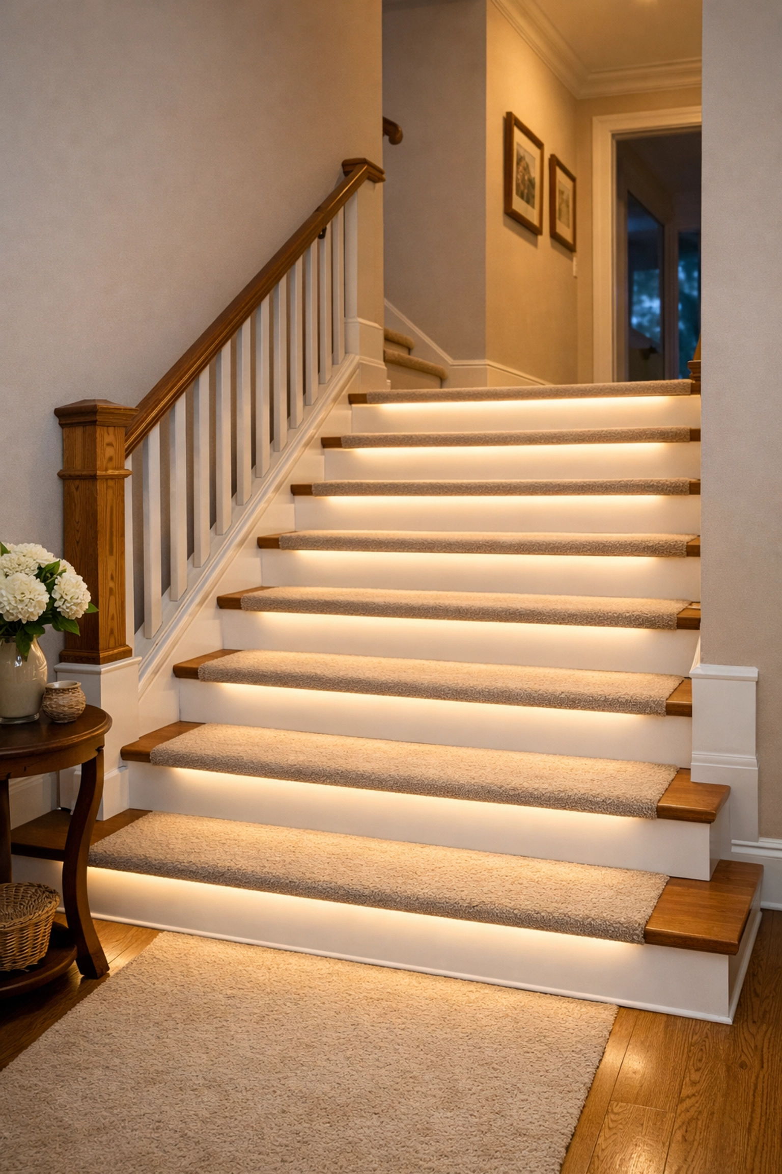 Bright LED motion-sensor lighting on stairs to improve step visibility and prevent falls.