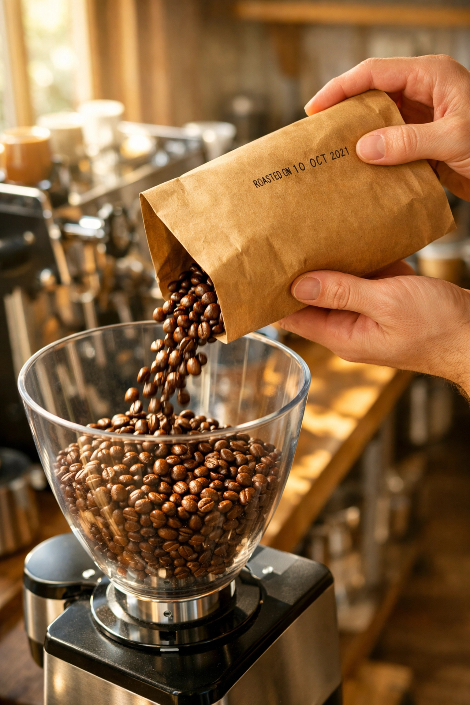 Barista pouring freshly roasted coffee beans with visible roast date into commercial grinder