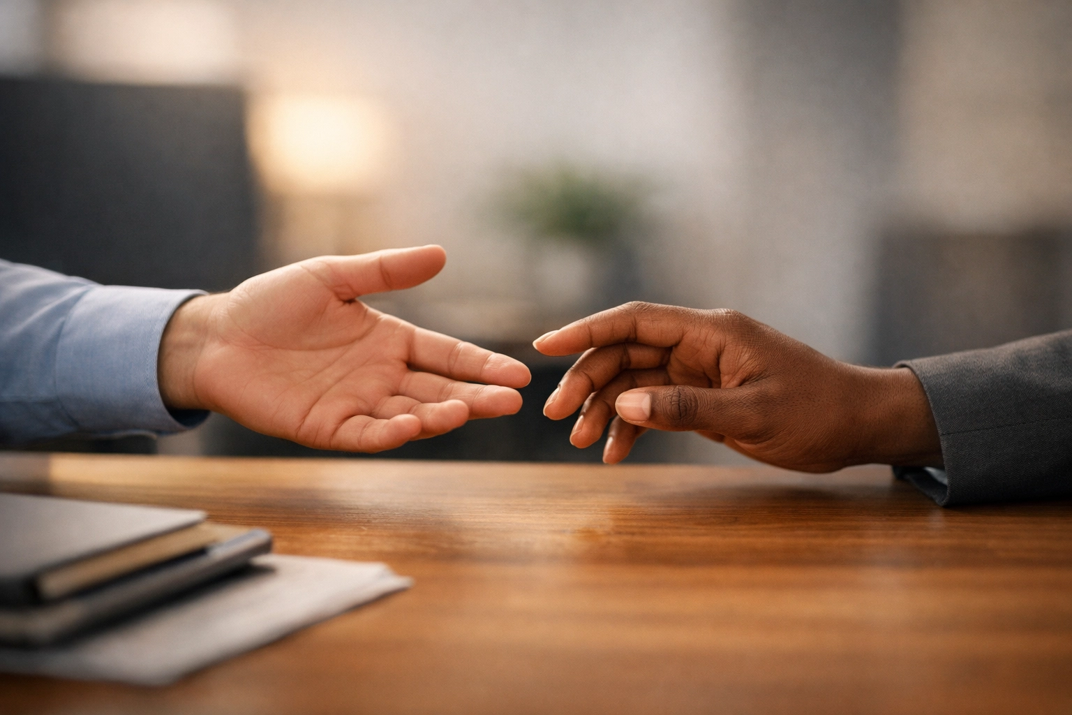 Two hands reaching across desk symbolizing workplace connection and human support