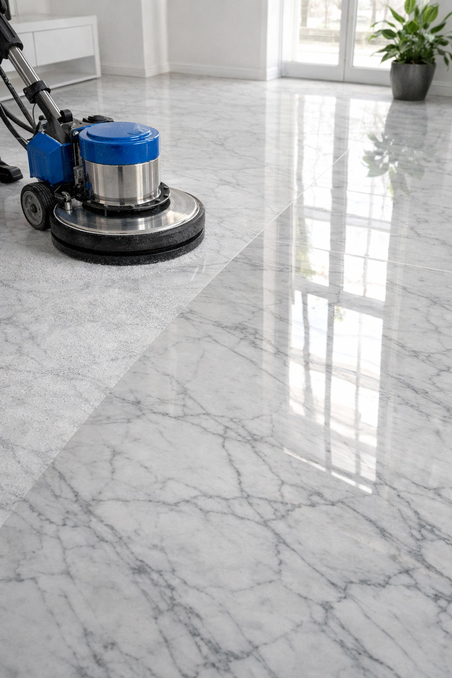 Professional marble floor restoration machine polishing a dull white marble floor to a mirror finish.