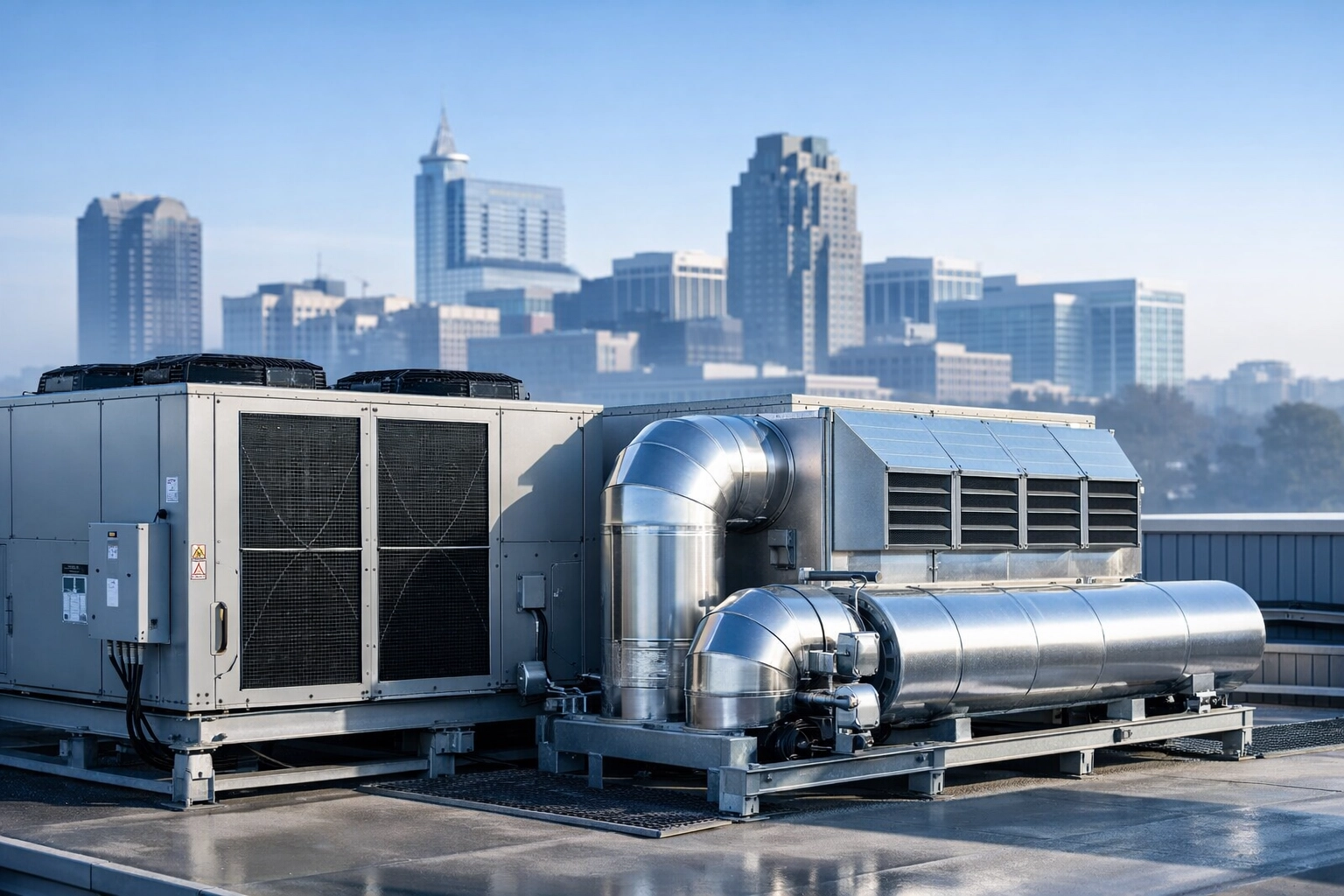 Modern rooftop HVAC unit with North Carolina city skyline representing commercial business value.