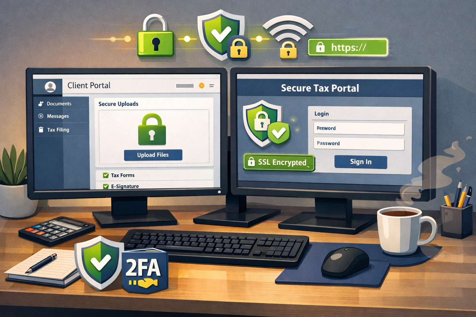 Professional tax preparer's secure workstation with encrypted client portals