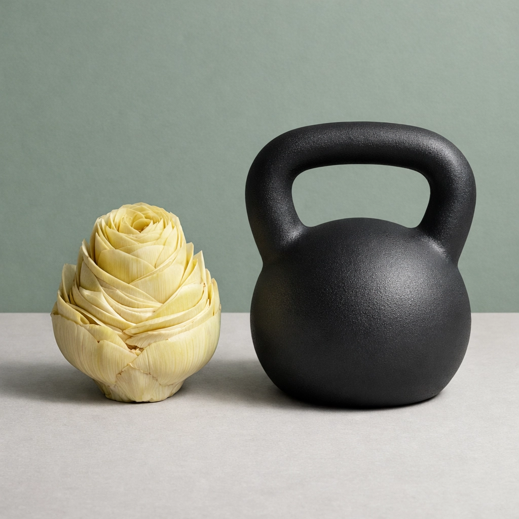 Artichoke and kettlebell representing the gut-muscle axis and the role of fiber in strength training.