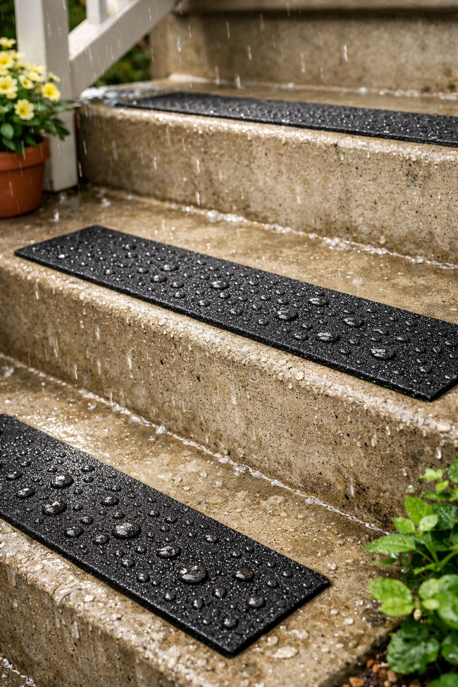 Non-slip stair treads installed on outdoor porch steps to provide traction and safety in wet weather.